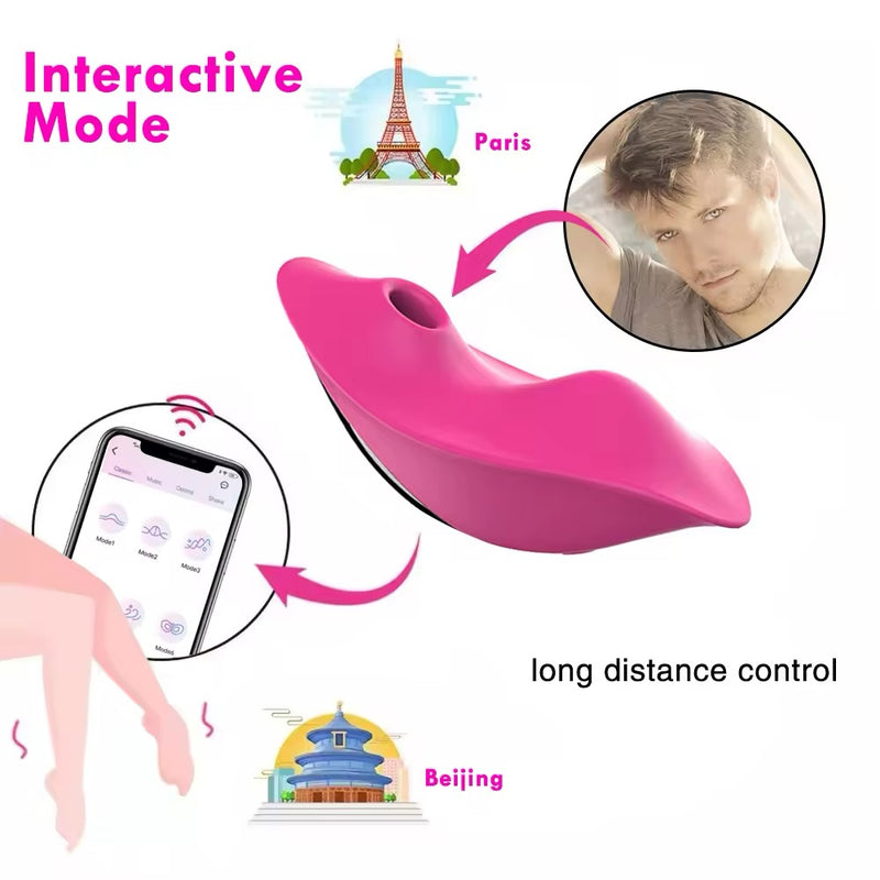 Calcinha Vibratória Controlada Por APP À Distância, Sugador e Vibrador de Clitóris - Rose - Promo